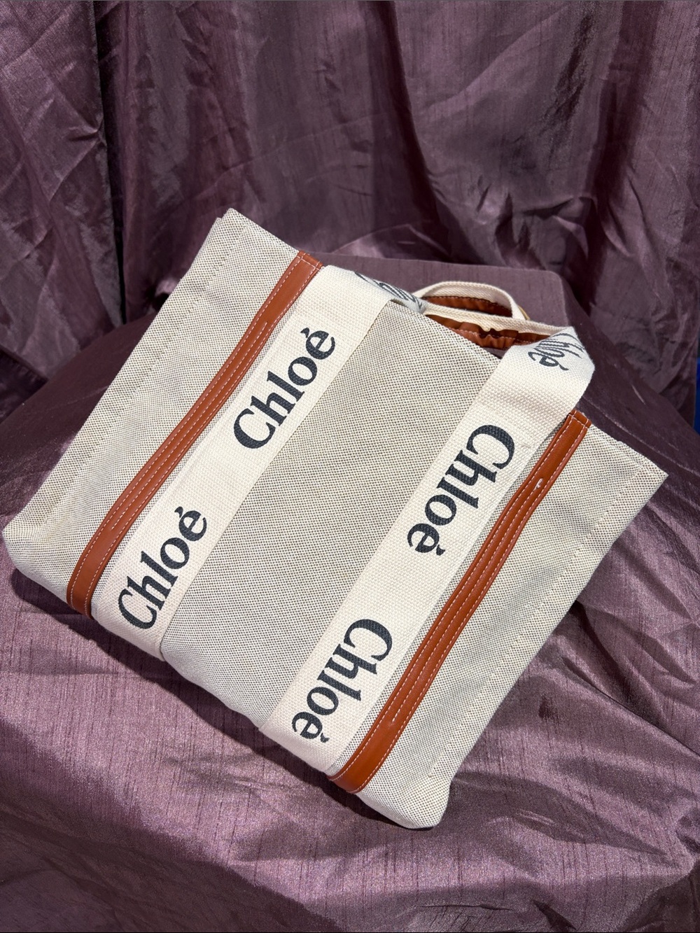Chloé Cream Canvas Tote with Brown Leather Trim